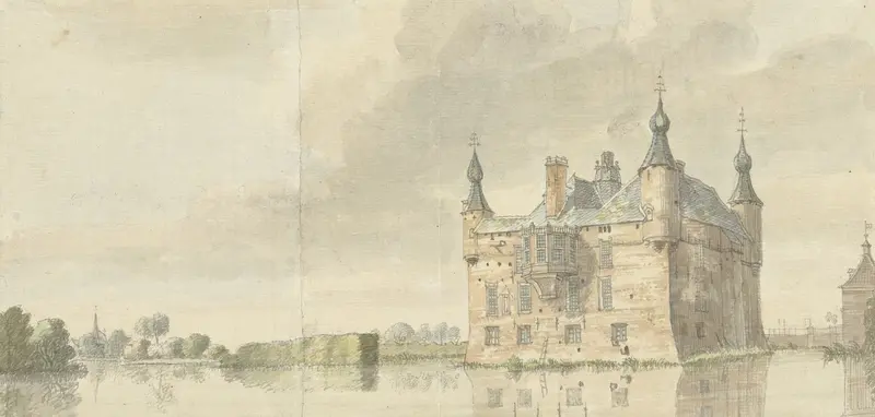 Het Huis Driesberg by Jan de Beijer, etching of a house in a tranquil landscape.