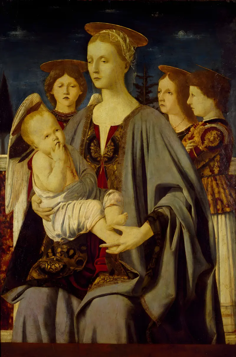 A serene depiction of the Virgin Mary with the Christ Child and three angels.