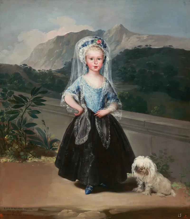 A young girl in a pale blue bodice and dark skirt stands with hands on hips beside a small white dog on a stone terrace with a landscape background.