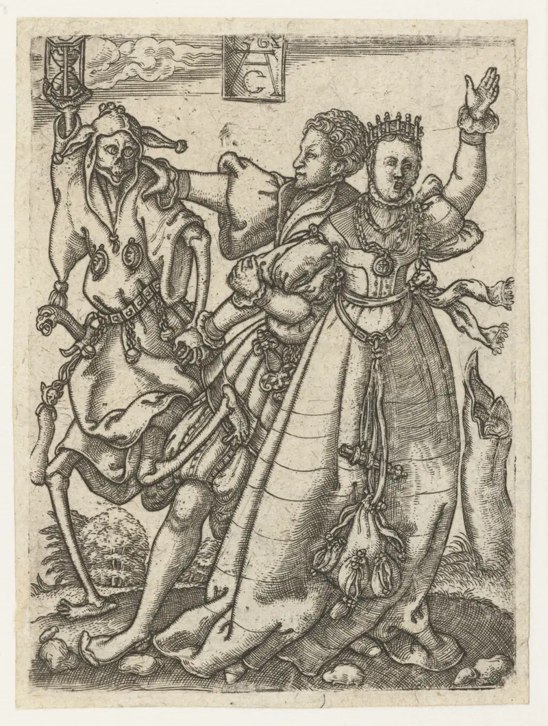 Echtpaar met de Dood engraving by Monogrammist AC depicting a couple with Death looming behind