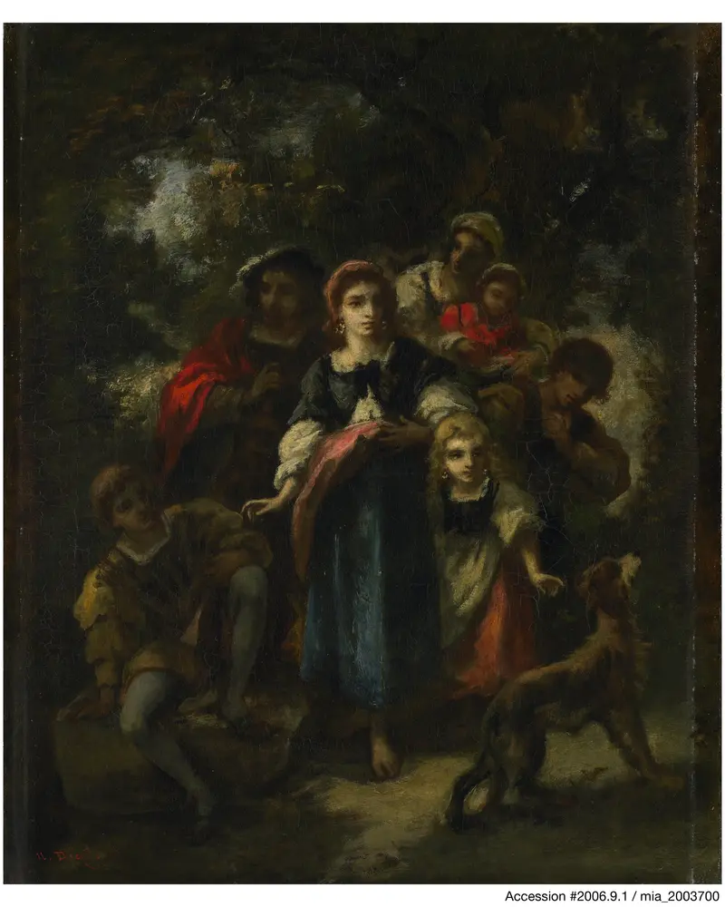 A painting depicting the descent of Bohemian figures into a lush landscape.