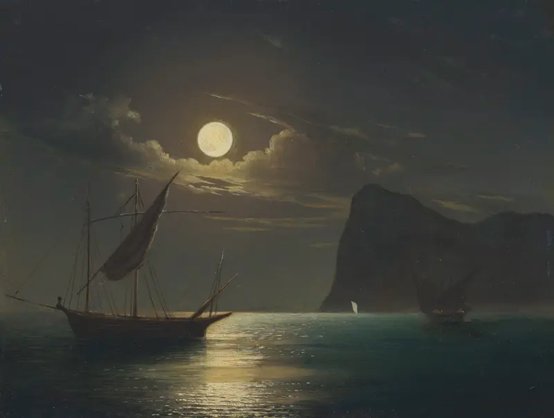 Moonlight by Ivan Konstantinovich Aivazovsky, oil painting depicting a tranquil moonlit sea.