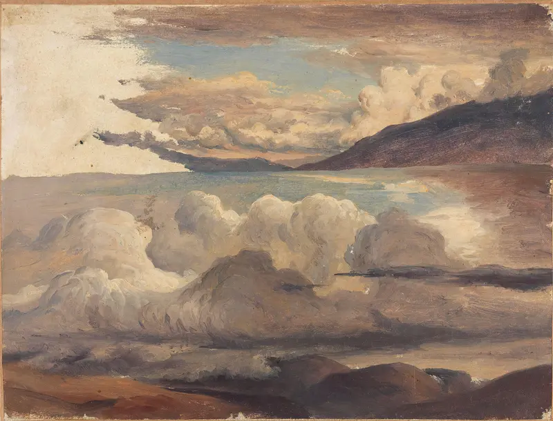 Clouds over the Fjord by Thomas Fearnley, oil on canvas depicting a serene landscape with clouds and water.