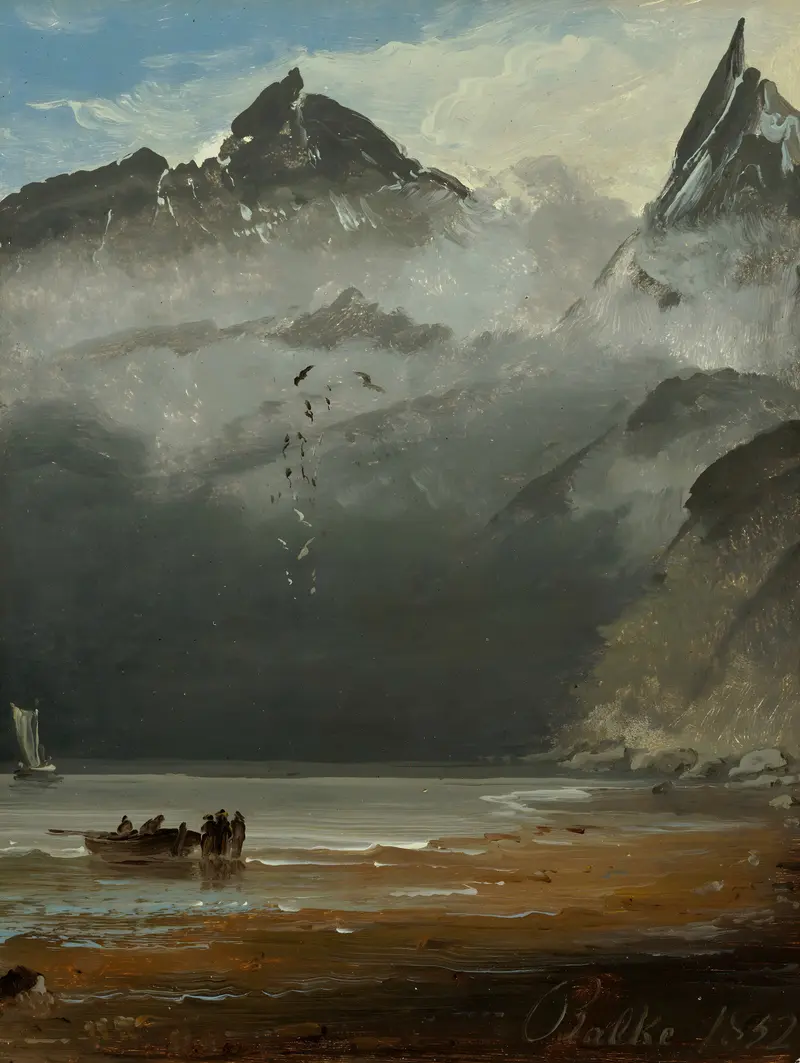 Coastal landscape by Peder Balke, oil painting depicting a turbulent sea and dark sky.