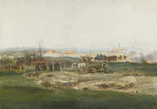 A depiction of a battlefield with soldiers and a cart amidst a somber scene.