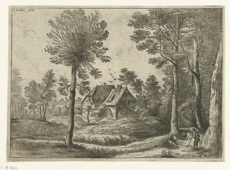 Pastoral landscape with a shepherd playing a shawm, etching by Lucas van Uden