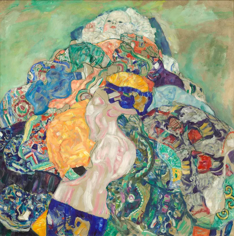 A tender scene of a sleeping baby in a cradle surrounded by intricate patterns and soft colors.
