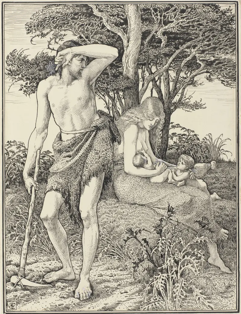 Walter Crane's 'Adam and Eve' depicts the biblical figures in a lush garden setting.