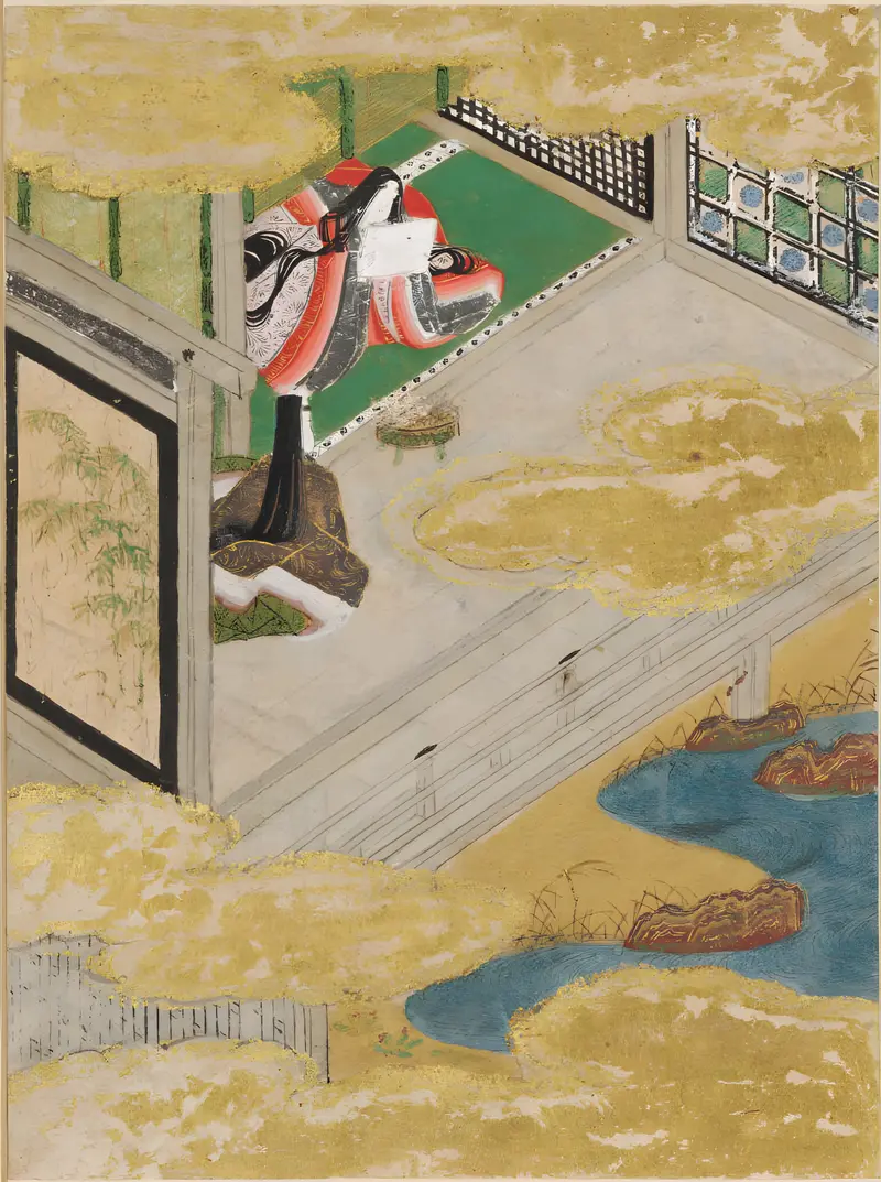 Bracken Shoots, gold medium by Tosa Mitsunobu, depicting vibrant green bracken foliage.