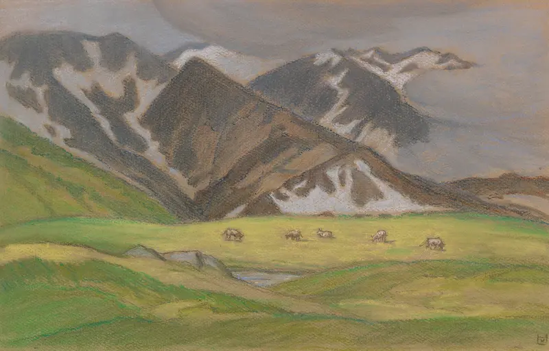Landscape with grazing cows in the Swiss Alps by Ludwig von Hofmann, medium unknown.