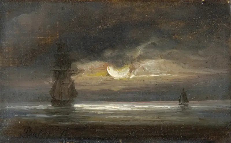 Two sailing boats on water under moonlight, oil painting by Peder Balke