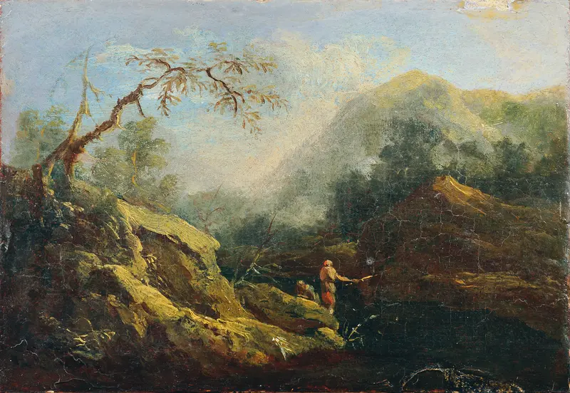 Landscape with a river and angler by Johann Christian Brand, oil painting