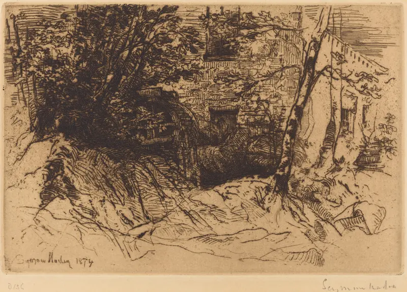 Engraving by Francis Seymour Haden depicting a mill wheel in a rural landscape.
