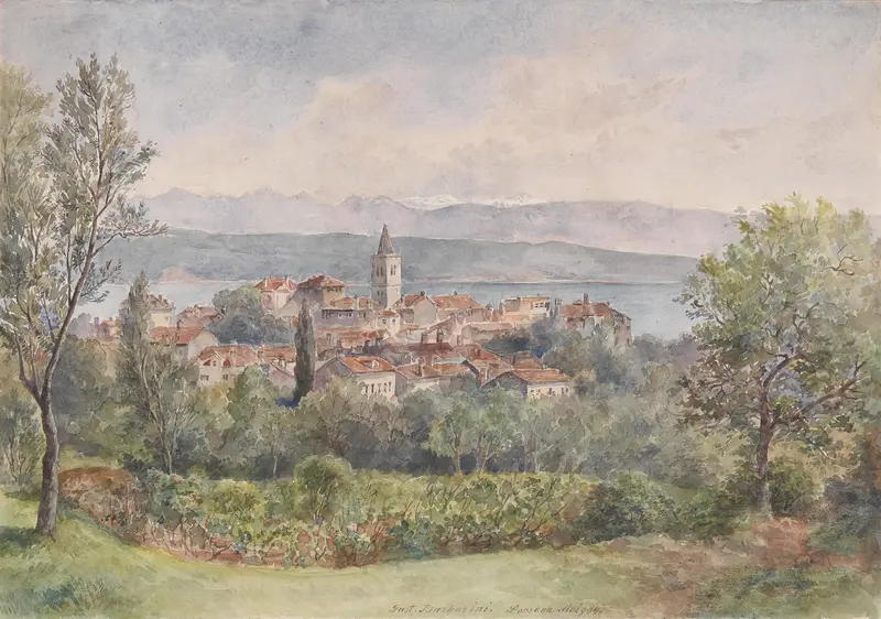 Landscape of Lovran with vibrant blue and green hues, oil painting by Gustav Barbarini