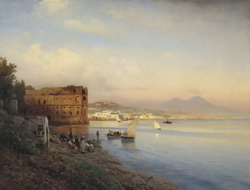 A serene view of the Gulf of Naples featuring the Palace of Queen Joanna and boats on the water.