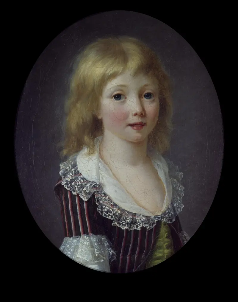 A child with wide blue eyes gazes directly at the viewer, wearing a delicate lace collar and cuffs.