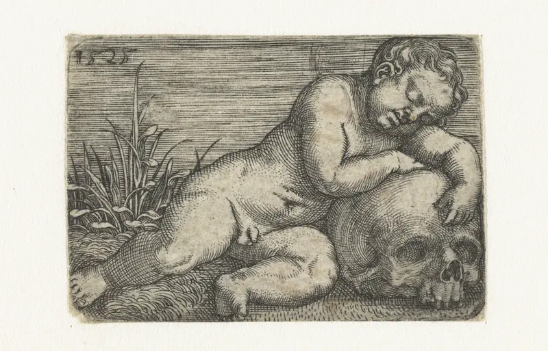 Engraving by Barthel Beham depicting a child lying on a skull