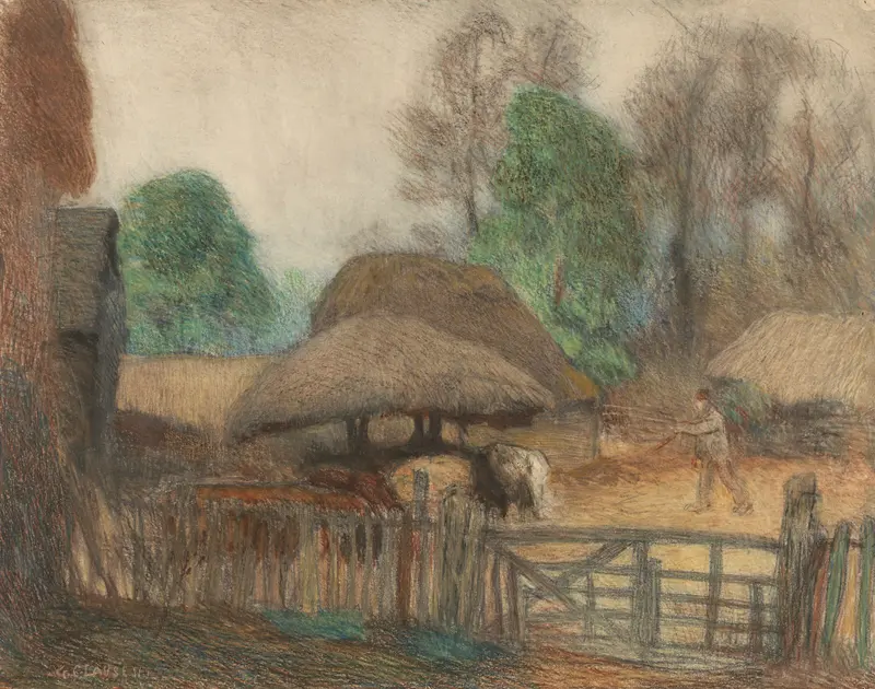 Genre scene depicting farmworkers in a landscape, oil painting by Sir George Clausen
