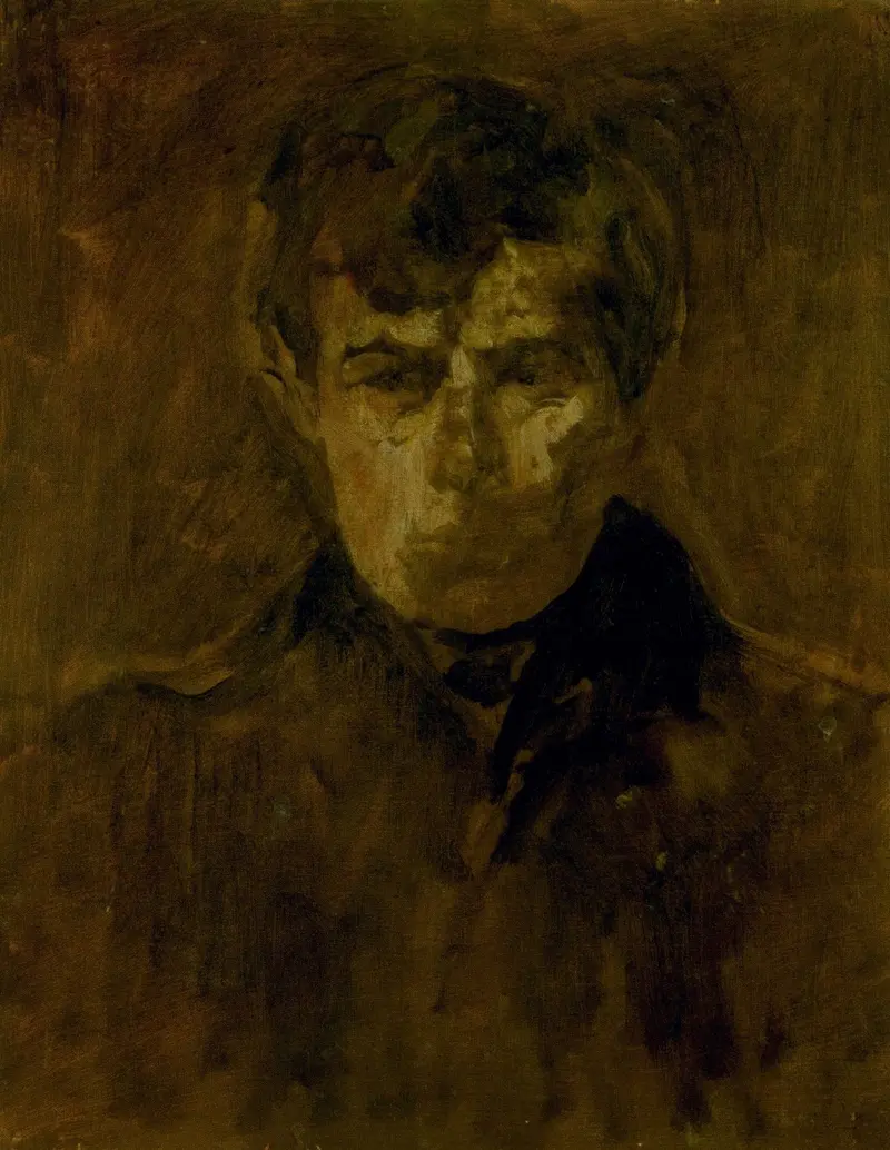 A sketch portrait of Walter Sickert, featuring a face emerging from shadows with rough brushwork and an unfinished quality.