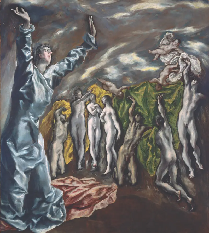 A blue-robed figure raises arms toward a turbulent sky while elongated nude figures kneel or stand against yellow and green drapery under swirling clouds.