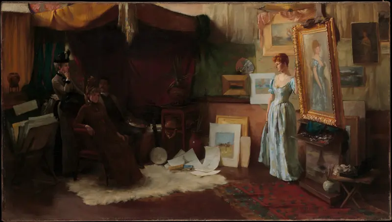A painting depicting a group of women engaged in lively conversation in a garden setting.