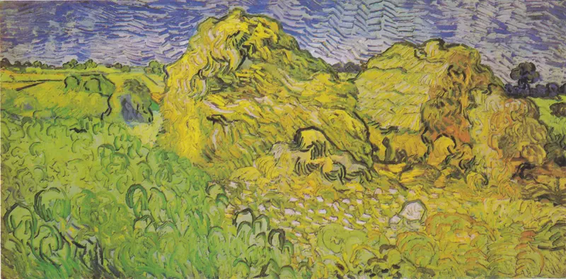 Two large golden wheat stacks stand in a green field with swirling brushstrokes under a blue sky streaked with lighter blue and white.