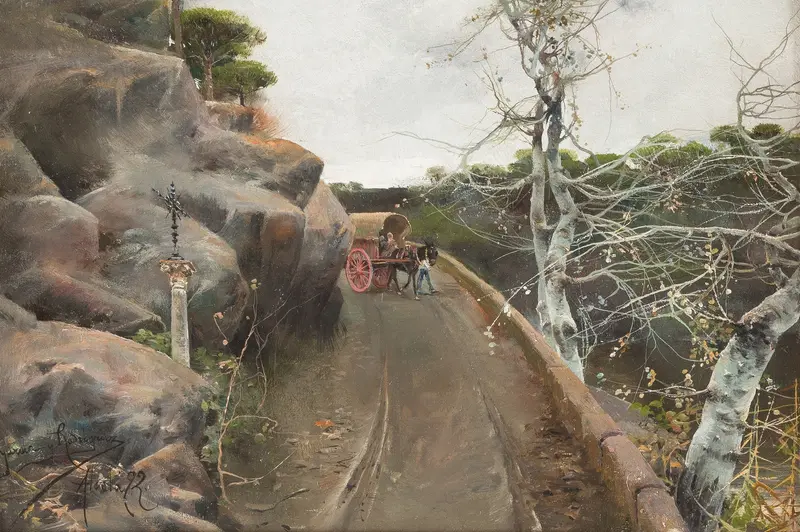 Hilly Pilgrim Trail by Manuel García y Rodríguez, depicting a winding landscape with hills and sunlight.