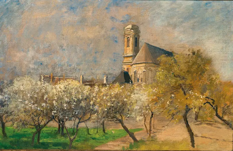 Blossoming trees in Langenzersdorf, oil on canvas by Marie Egner