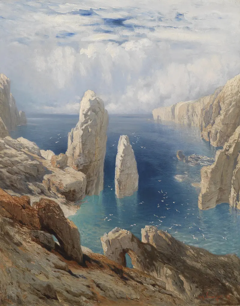 Landscape depicting a tranquil coastline by August Schaeffer von Wienwald, oil painting