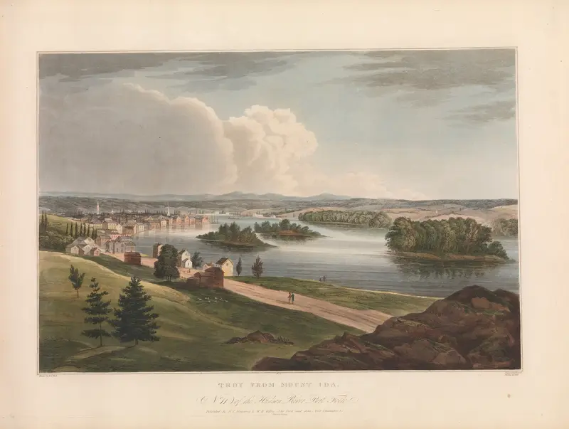Engraving of Troy from Mount Ida by John Hill, depicting hills and a vast sky.