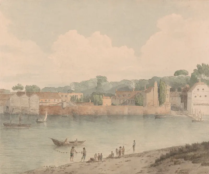 Vauxhall Stairs, watercolor on paper by Francis Towne, featuring trees and a river