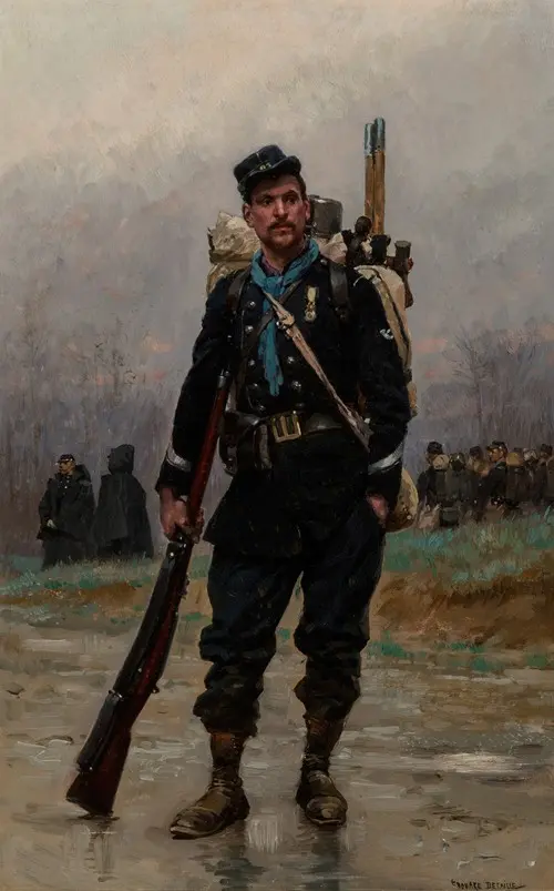 A French infantryman stands proudly in uniform, holding a rifle and wearing a distinctive hat.