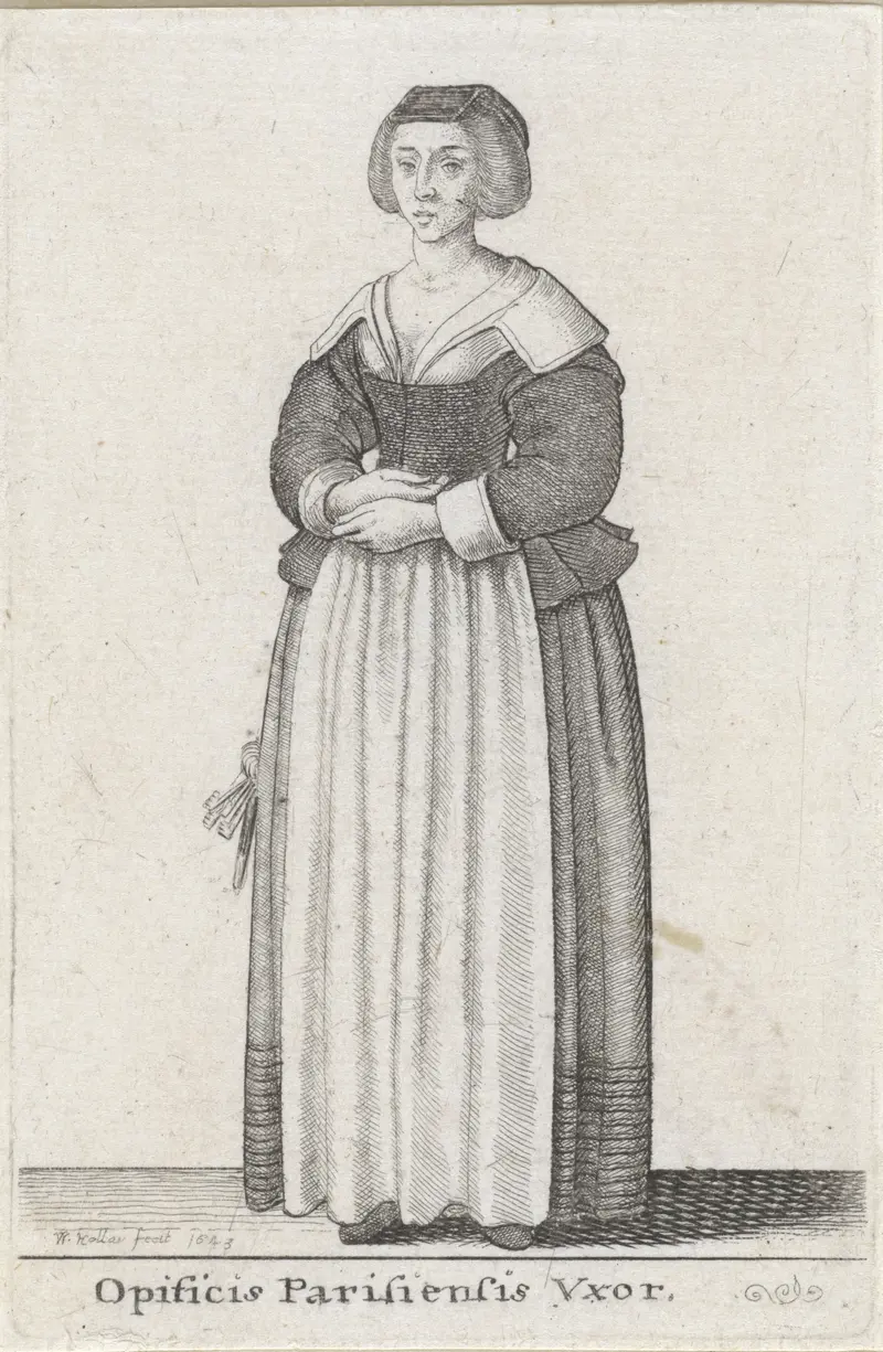 Etching by Wenceslaus Hollar depicting a woman in an elegant garment