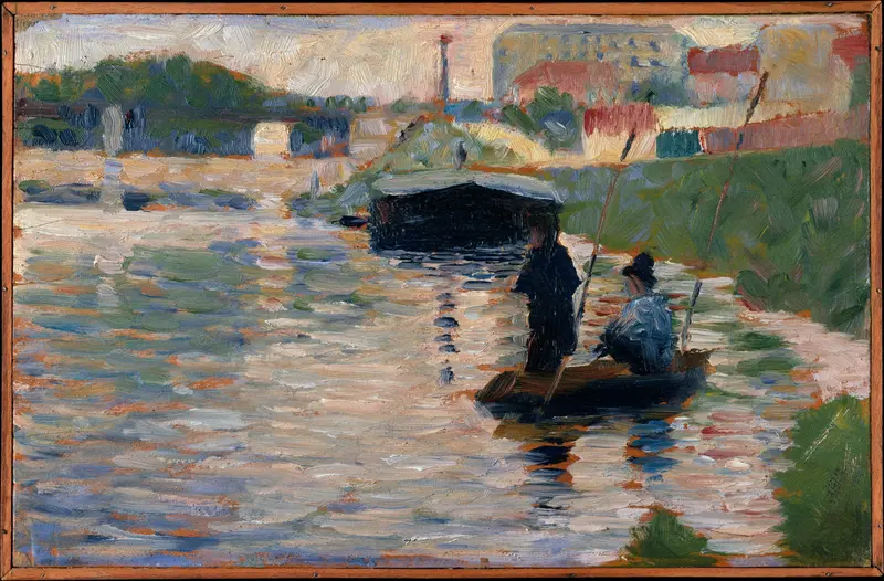 Pointillism by Georges Seurat depicting a tranquil river landscape.
