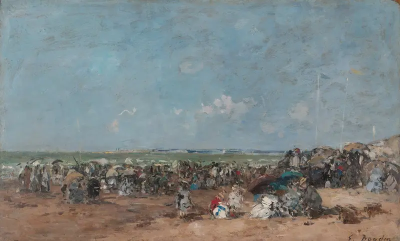 Beach scene with sunlit waves and shoreline by Eugène Boudin, oil painting
