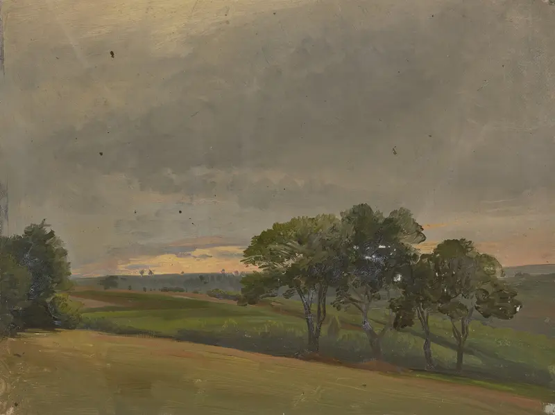 Evening meadow with trees by Jakob Becker, oil painting showing golden light and lush greenery.
