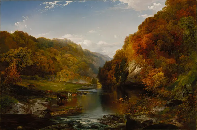 Autumn Afternoon, the Wissahickon by Thomas Moran, oil on canvas depicting a forest with autumn colors