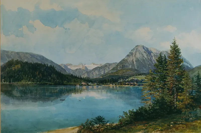Landscape of Der Altausseersee with Dachstein mountains, oil painting by Thomas Ender