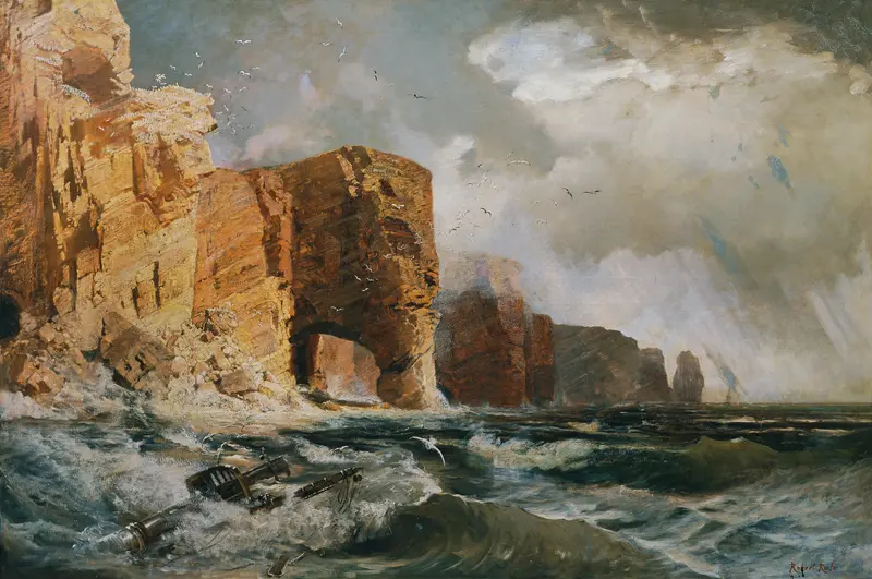 Marine scene with a solitary figure on rocks, oil painting by Robert Russ