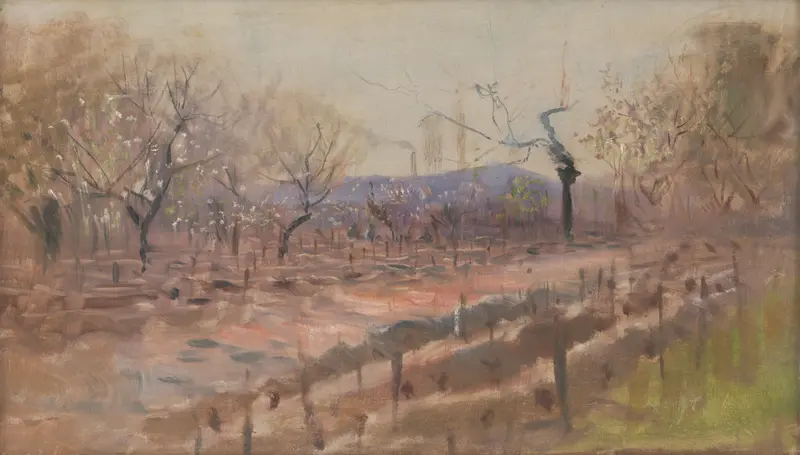 Spring landscape by Ladislav Mednyánszky, oil on canvas depicting blossoming trees.