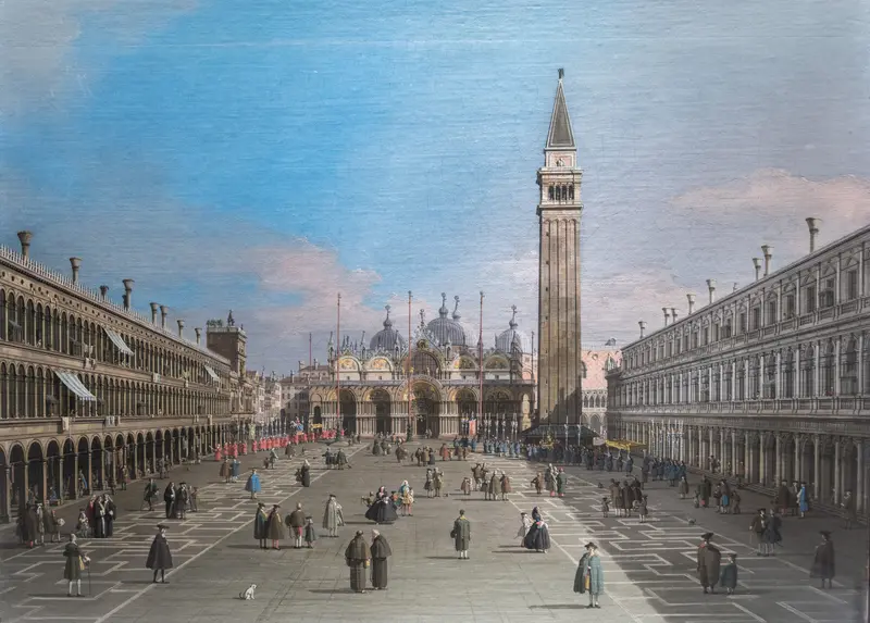 A vibrant depiction of Piazza San Marco in Venice, showcasing the Basilica and lively crowds.