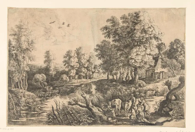 Farmers with cattle by a river, etching by Lucas van Uden
