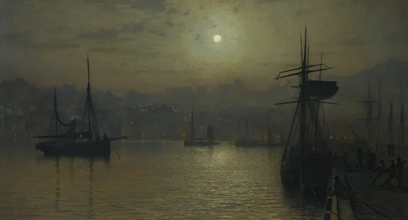 Old Scarborough, Full Moon, High Water by John Atkinson Grimshaw, oil on canvas depicting a moonlit sea.