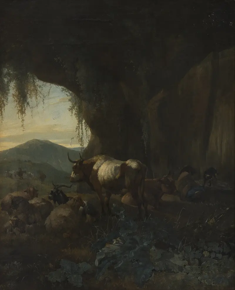 A shepherd and cattle in a cave, oil painting by Willem Romeyn