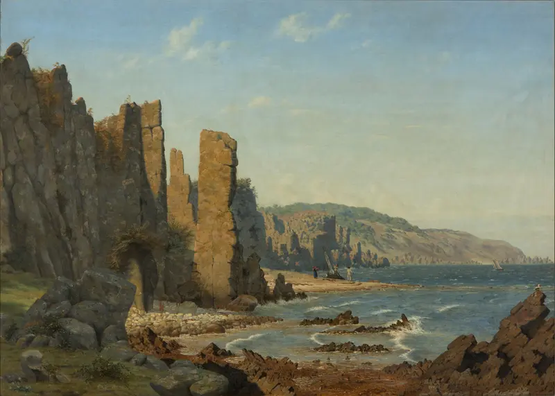 Beach formation on Bornholm by Vilhelm Kyhn, oil painting depicting dawn light over gentle waves.