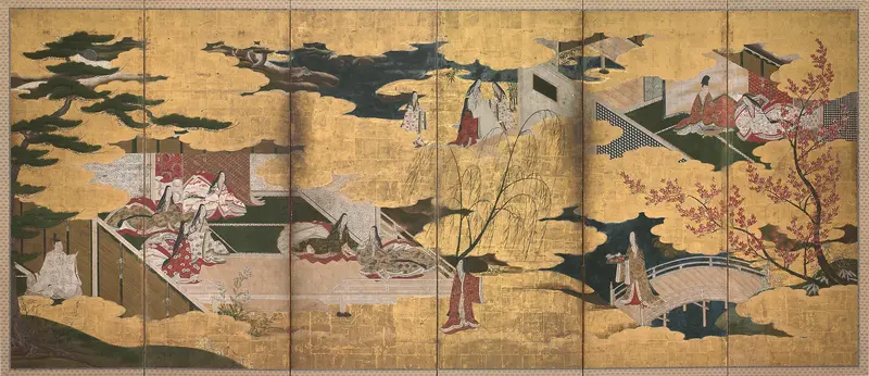 Ukiyo-e artwork featuring delicate figures and intricate gold patterns by Unknown Artist