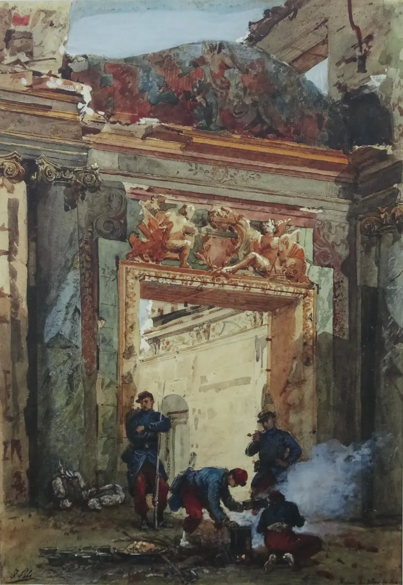 A painting depicting the ruins of the Salon de Mars at the Palace of Saint-Cloud.