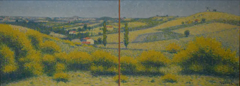 A serene landscape featuring yellow-green hills, a distant windmill, and scattered houses with red roofs under gentle light.
