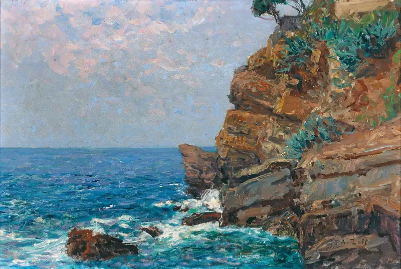 Marine scene of the Sestri Levante coast, oil on canvas by Alfred Zoff