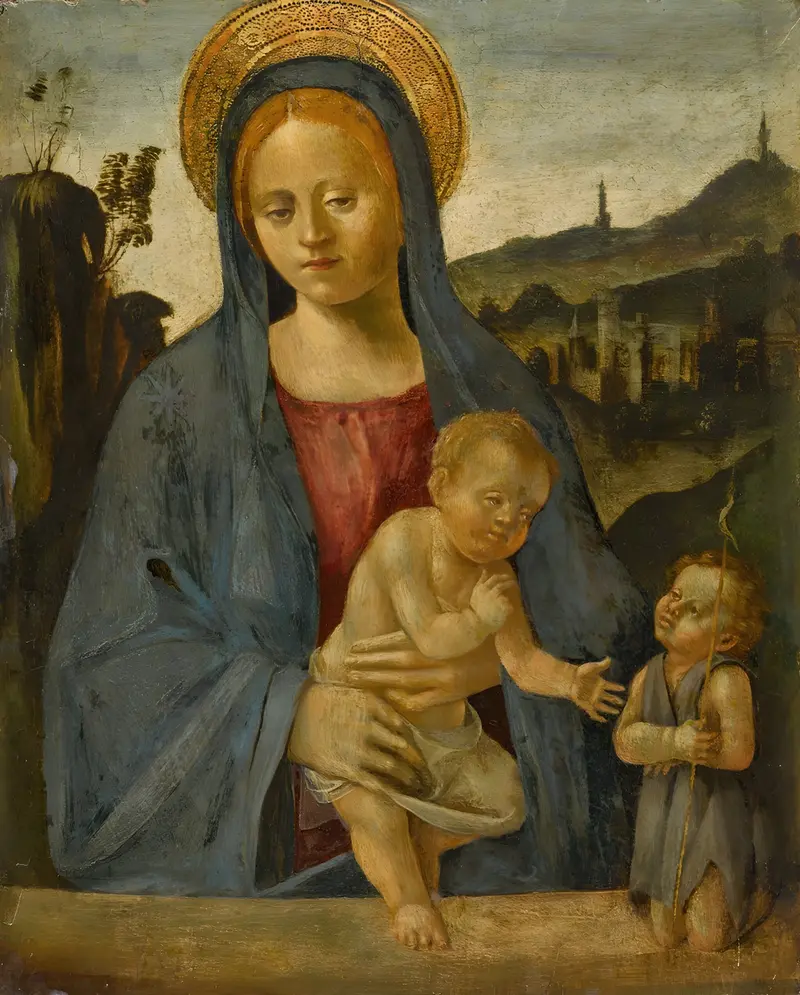 This painting depicts the Madonna and Child with the Infant Saint John the Baptist.